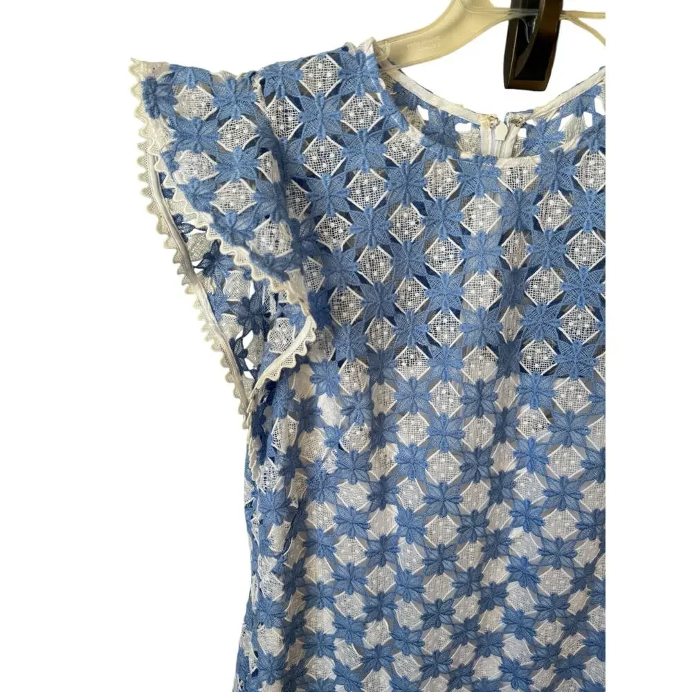 SHOSHANNA Rachel Ruffle Lace Midi Dress Size 12 Blue & White Wedding Guest - Picture 6 of 14